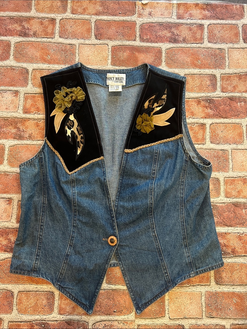 Denim Vest with Black & Gold Appliqué and Beads Vintage